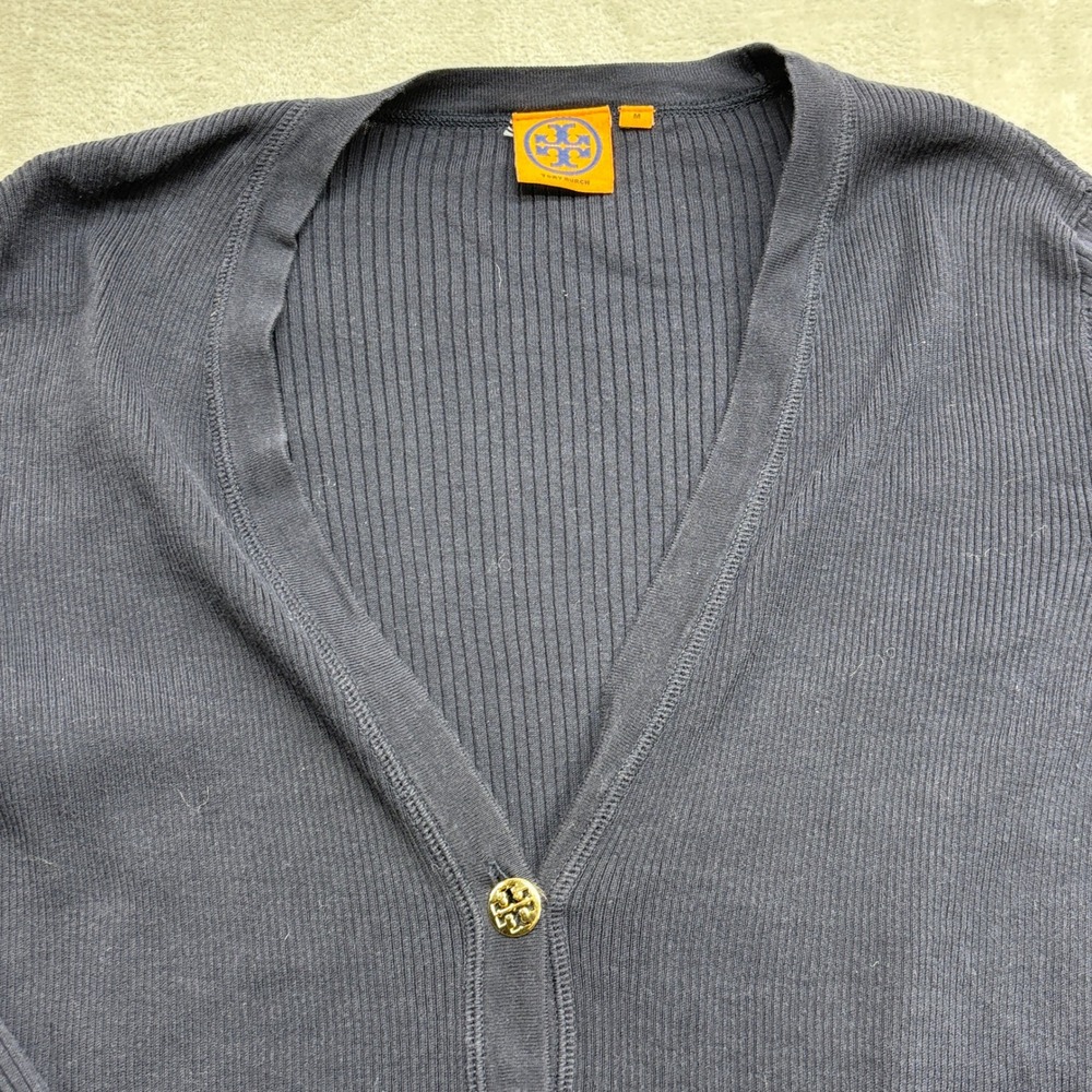 Tory Burch Cardigan Women's M Navy Ribbed Knit Gold Logo Button V-Neck Old Money - Picture 2 of 9